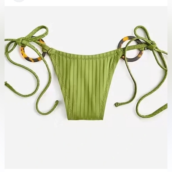 NWT J. Crew Wide Rib Curved Waist Cheeky String Bikini Bottom Rings Green Sz L - Picture 1 of 15